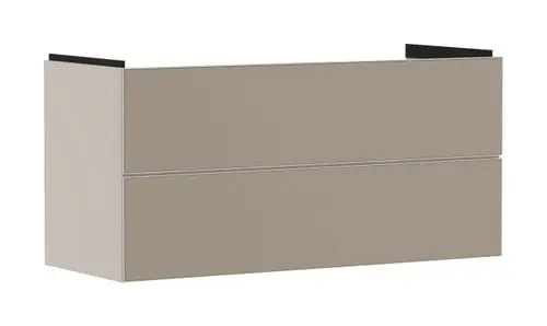Waschtischunterschrank in sandbeige mit zwei Schubkästen, passend für einen Waschtisch. Marke Hansgrohe. Schlichte, moderne Optik.